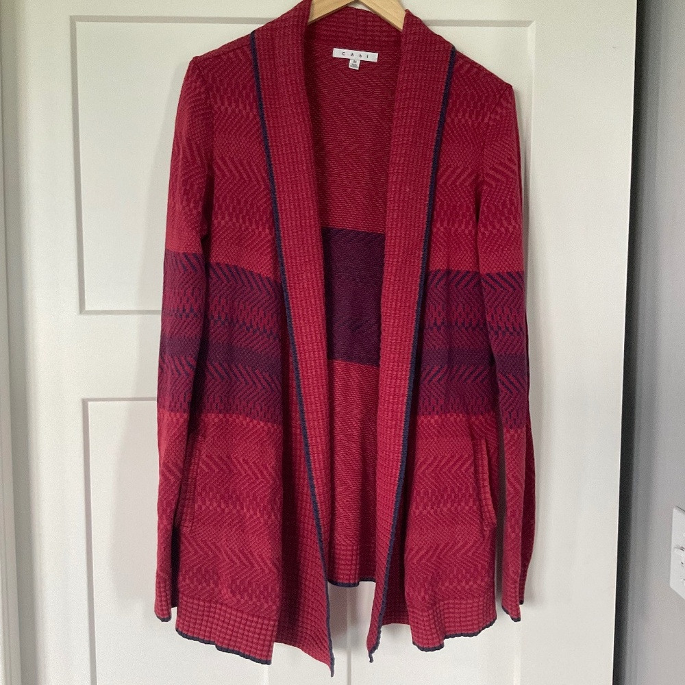 CAbi Joy Open Front Cardigan Sweater Red Navy Long Sleeve Cotton Blend
